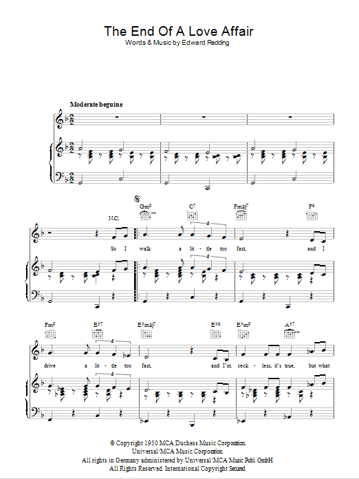 Nat King Cole The End Of A Love Affair sheet music notes and chords arranged for Piano, Vocal & Guitar Chords