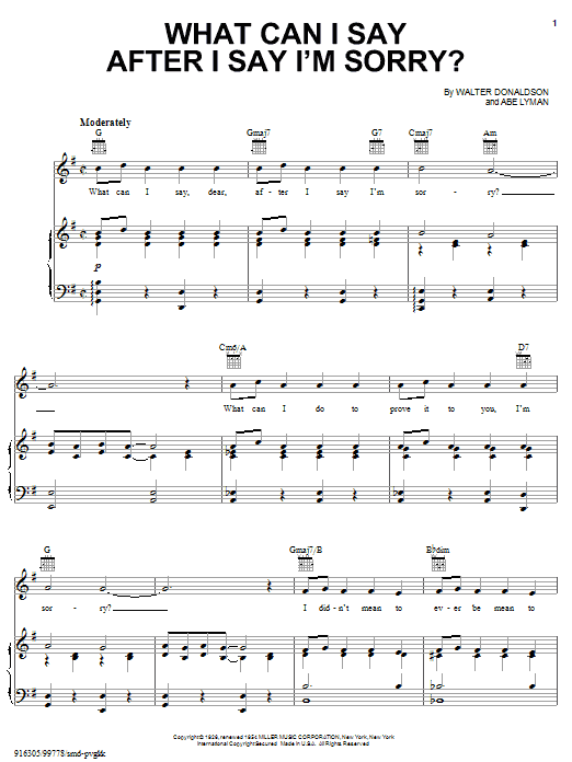 Learn to play Nat King Cole What Can I Say After I Say I'm Sorry sheet music for Piano, Vocal & Guitar Chords (Right-Hand Melody) in minutes. Price: 7.8900$ Nat King Cole What Can I Say After I Say I'm Sorry sheet music notes and chords arranged for Piano, Vocal & Guitar Chords (Right-Hand Melody)