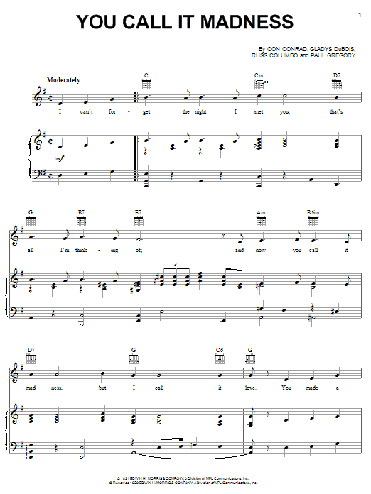 Learn to play Nat King Cole You Call It Madness (But I Call It Love) sheet music for Real Book – Melody & Chords in minutes. Price: 5.9900$ Nat King Cole You Call It Madness (But I Call It Love) sheet music notes and chords arranged for Real Book – Melody & Chords