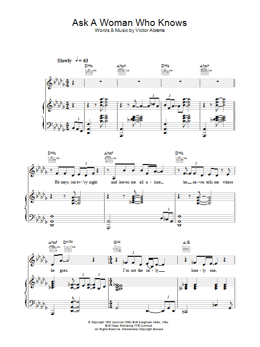 Learn to play Natalie Cole Ask A Woman Who Knows sheet music for Piano, Vocal & Guitar Chords in minutes. Price: 7.8900$ Natalie Cole Ask A Woman Who Knows sheet music notes and chords arranged for Piano, Vocal & Guitar Chords