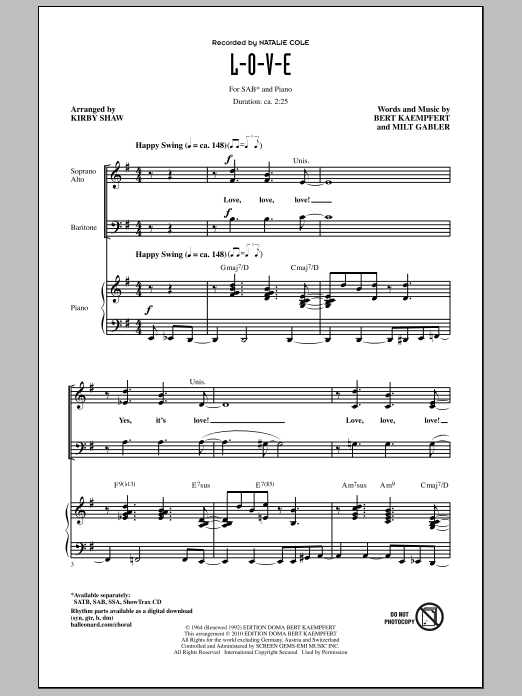 Learn to play Natalie Cole L-O-V-E (arr. Kirby Shaw) sheet music for SATB Choir in minutes. Price: 3.9900$ Natalie Cole L-O-V-E (arr. Kirby Shaw) sheet music notes and chords arranged for SATB Choir