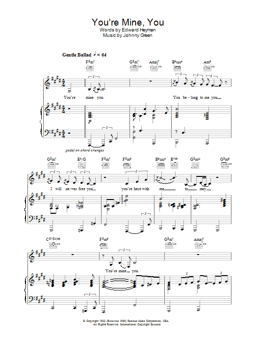 Learn to play Natalie Cole You're Mine, You sheet music for Piano, Vocal & Guitar Chords in minutes. Price: 7.8900$ Natalie Cole You're Mine, You sheet music notes and chords arranged for Piano, Vocal & Guitar Chords