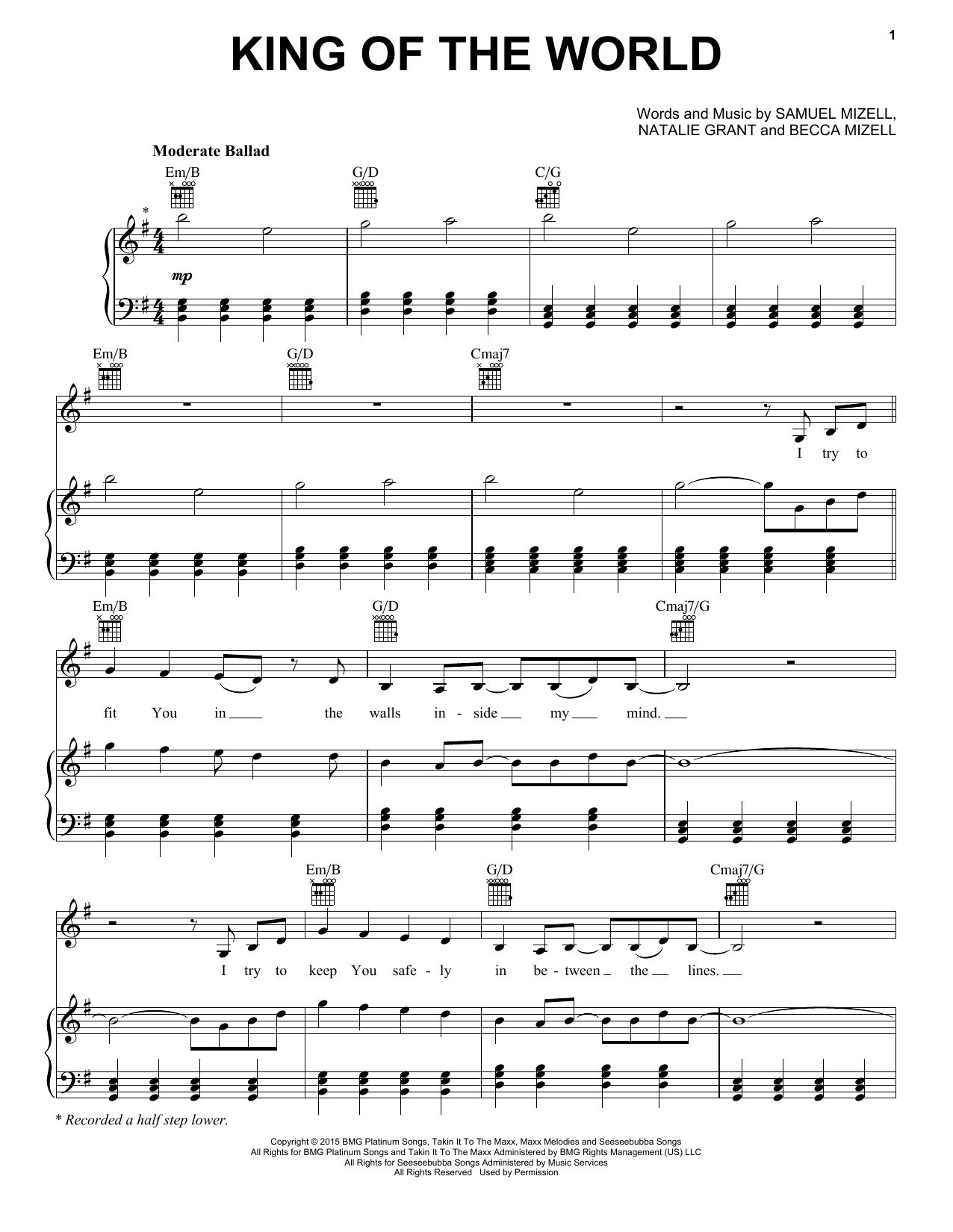 Learn to play Natalie Grant King Of The World sheet music for Piano, Vocal & Guitar Chords (Right-Hand Melody) in minutes. Price: 7.8900$ Natalie Grant King Of The World sheet music notes and chords arranged for Piano, Vocal & Guitar Chords (Right-Hand Melody)