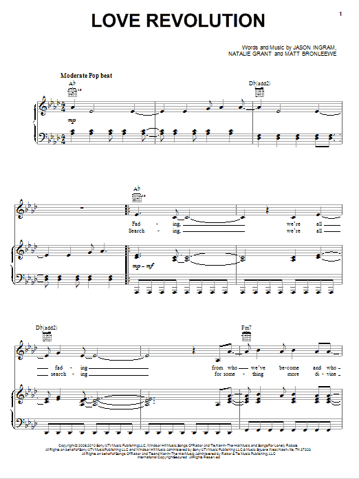 Learn to play Natalie Grant Love Revolution sheet music for Piano, Vocal & Guitar Chords (Right-Hand Melody) in minutes. Price: 7.8900$ Natalie Grant Love Revolution sheet music notes and chords arranged for Piano, Vocal & Guitar Chords (Right-Hand Melody)