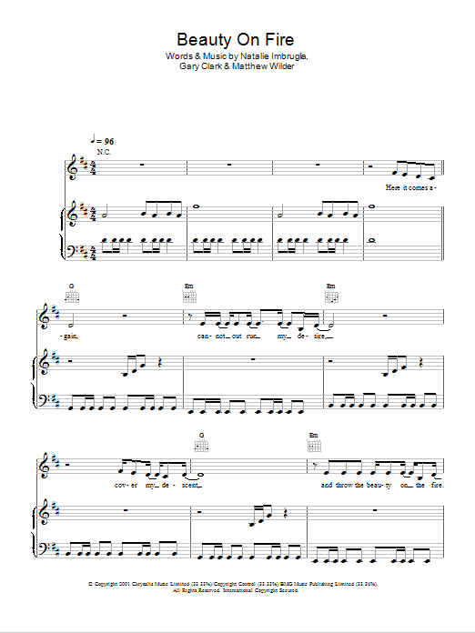 Learn to play Natalie Imbruglia Beauty On The Fire sheet music for Piano, Vocal & Guitar Chords in minutes. Price: 7.8900$ Natalie Imbruglia Beauty On The Fire sheet music notes and chords arranged for Piano, Vocal & Guitar Chords
