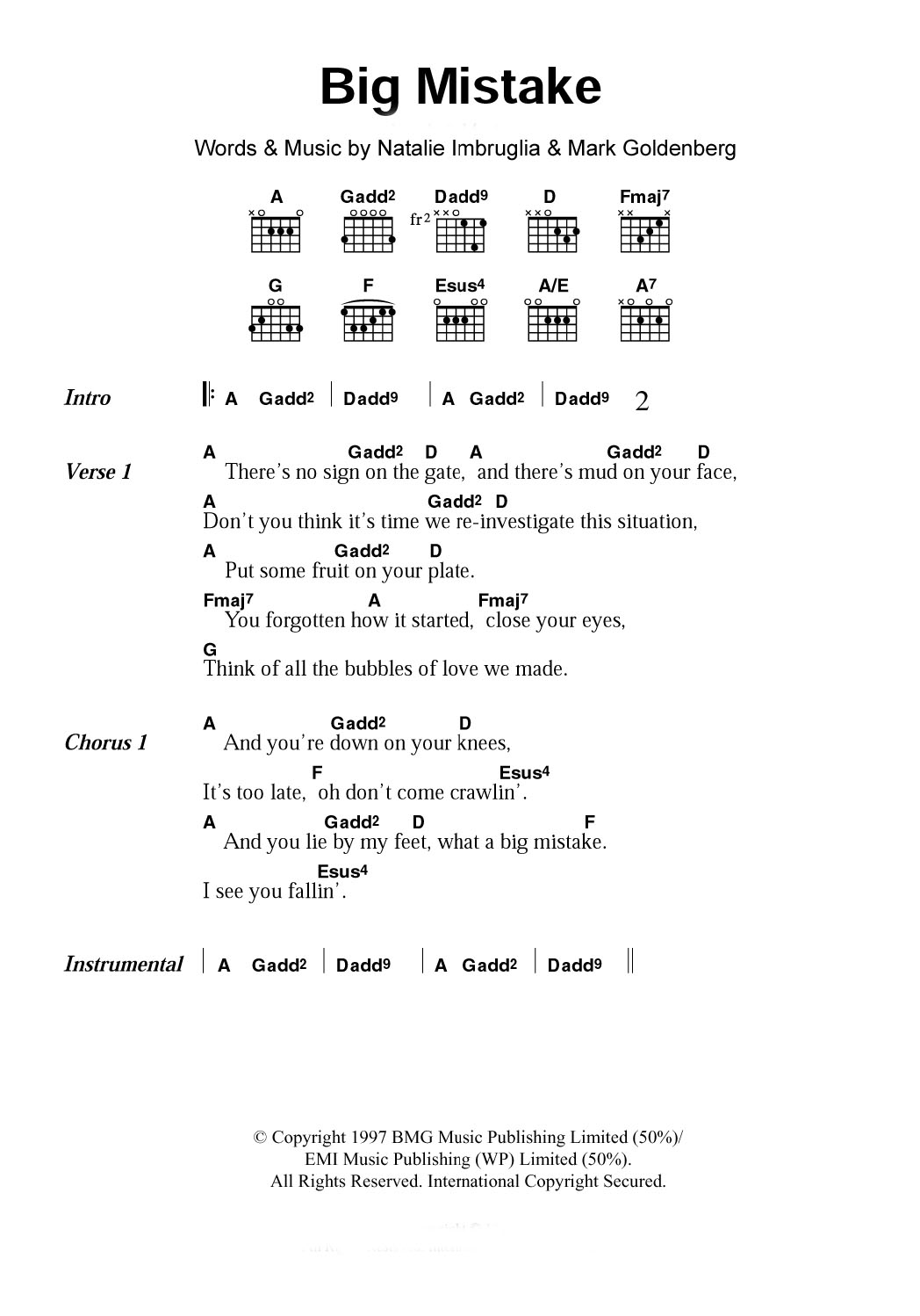 Natalie Imbruglia Big Mistake sheet music notes and chords arranged for Piano, Vocal & Guitar Chords