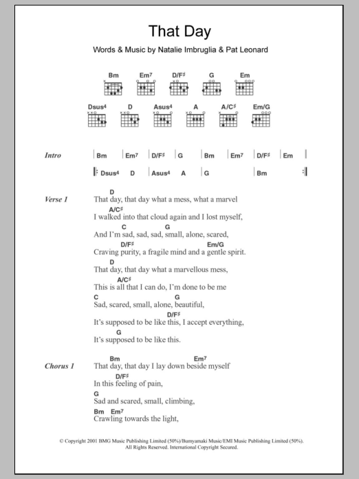 Learn to play Natalie Imbruglia That Day sheet music for Guitar Chords/Lyrics in minutes. Price: 4.4900$ Natalie Imbruglia That Day sheet music notes and chords arranged for Guitar Chords/Lyrics