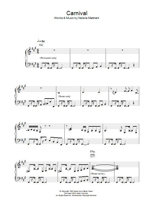 Natalie Merchant Carnival sheet music notes and chords arranged for Piano, Vocal & Guitar Chords