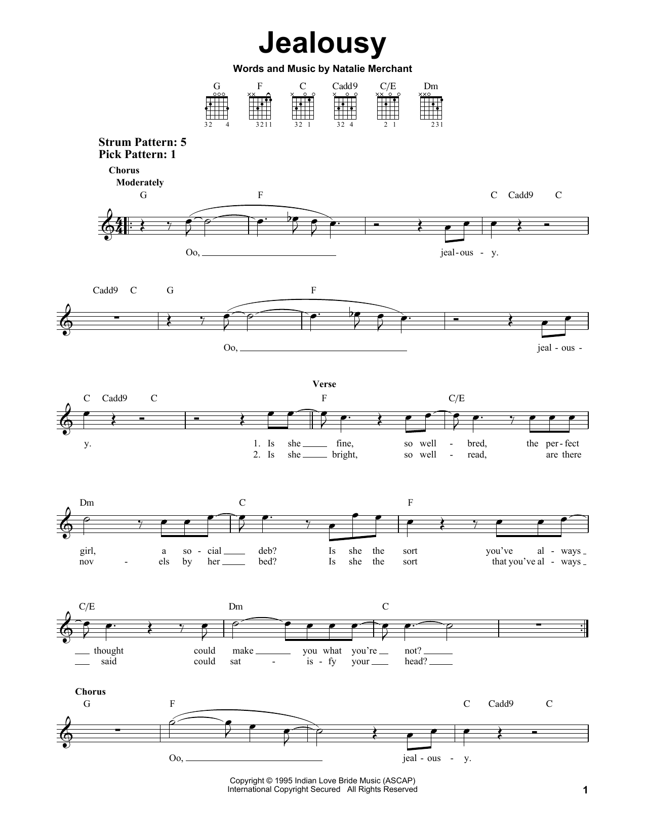 Natalie Merchant Jealousy sheet music notes and chords. Download Printable PDF.