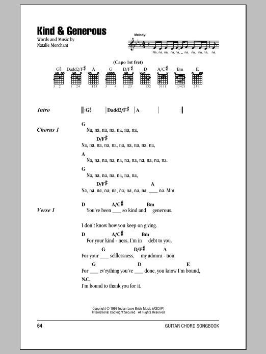 Natalie Merchant Kind & Generous sheet music notes and chords. Download Printable PDF.