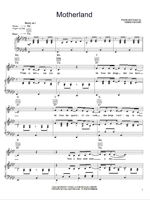 Natalie Merchant Motherland sheet music notes and chords. Download Printable PDF.