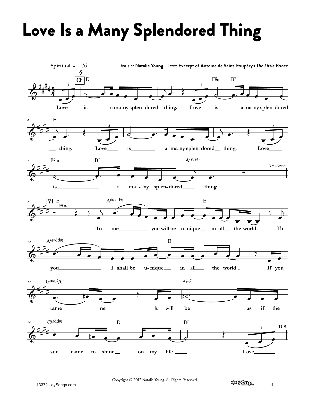 Learn to play Natalie Young Love Is a Many Splendored Thing sheet music for Lead Sheet / Fake Book in minutes. Price: 5.9900$ Natalie Young Love Is a Many Splendored Thing sheet music notes and chords arranged for Lead Sheet / Fake Book