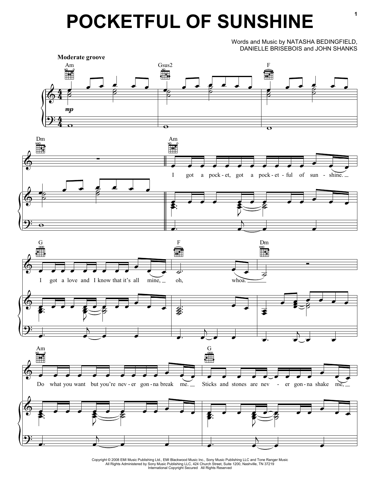 Natasha Bedingfield Pocketful Of Sunshine (arr. Alan Billingsley) sheet music notes and chords. Download Printable PDF.