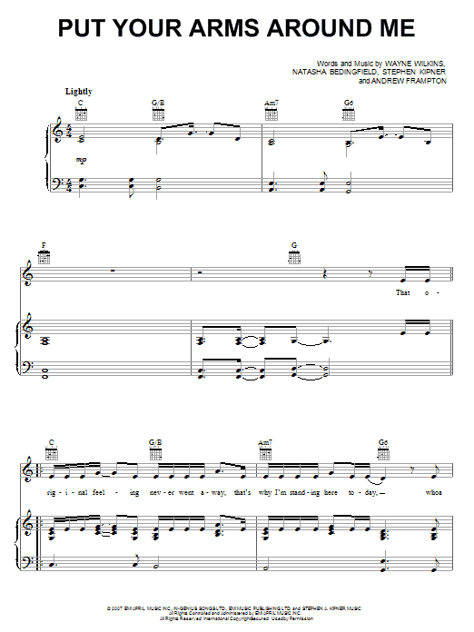 Learn to play Natasha Bedingfield Put Your Arms Around Me sheet music for Piano, Vocal & Guitar Chords (Right-Hand Melody) in minutes. Price: 7.8900$ Natasha Bedingfield Put Your Arms Around Me sheet music notes and chords arranged for Piano, Vocal & Guitar Chords (Right-Hand Melody)