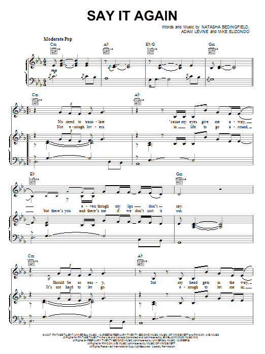 Natasha Bedingfield Say It Again sheet music notes and chords arranged for Piano, Vocal & Guitar Chords (Right-Hand Melody)