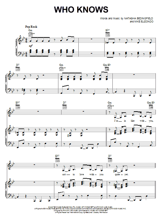 Learn to play Natasha Bedingfield Who Knows sheet music for Piano, Vocal & Guitar Chords (Right-Hand Melody) in minutes. Price: 7.8900$ Natasha Bedingfield Who Knows sheet music notes and chords arranged for Piano, Vocal & Guitar Chords (Right-Hand Melody)