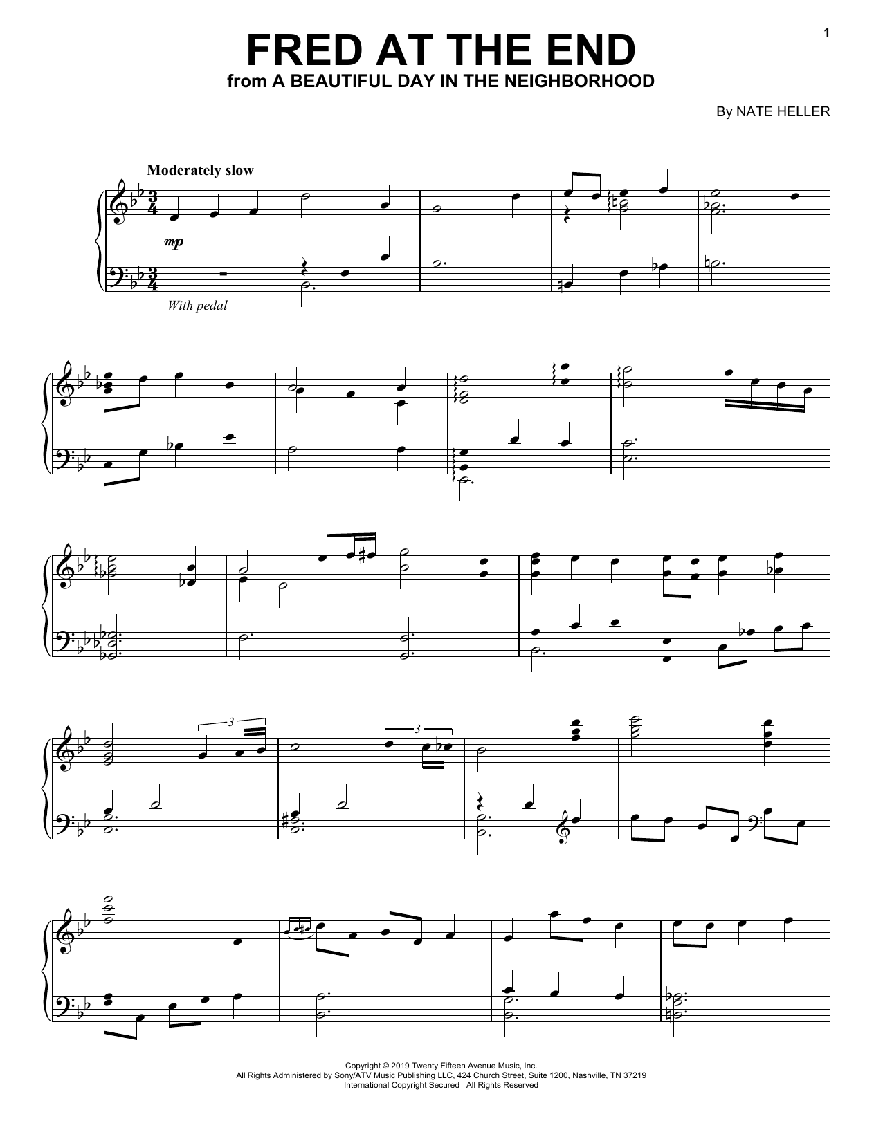 Learn to play Nate Heller Fred At The End (from A Beautiful Day in the Neighborhood) sheet music for Piano Solo in minutes. Price: 7.8900$ Nate Heller Fred At The End (from A Beautiful Day in the Neighborhood) sheet music notes and chords arranged for Piano Solo