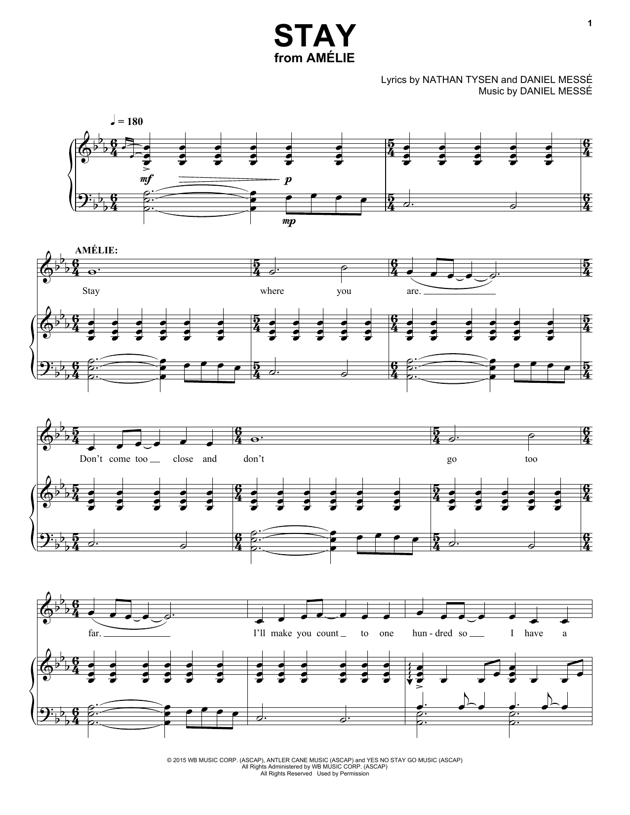 Nathan Tysen & Daniel Messé Stay (from Amélie The Musical) sheet music notes and chords. Download Printable PDF.