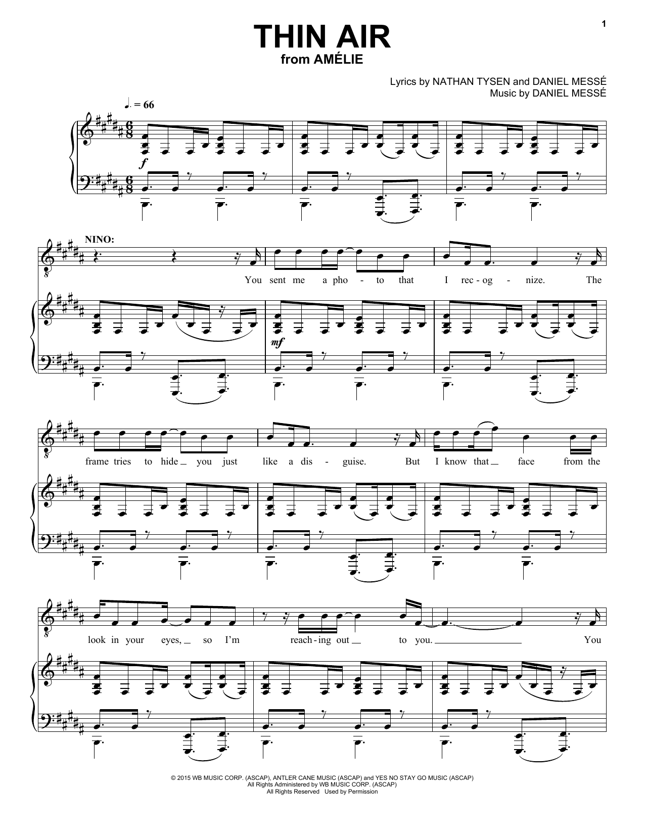 Nathan Tysen & Daniel Messé Thin Air (from Amélie The Musical) sheet music notes and chords. Download Printable PDF.