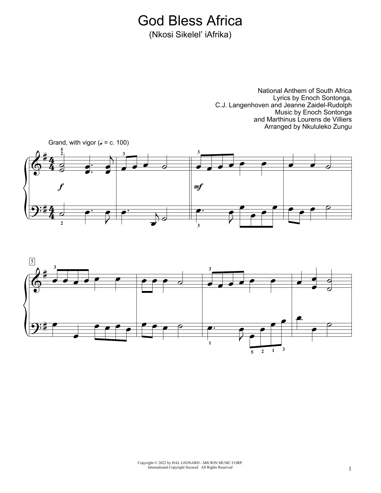 Learn to play National Anthem of South Africa God Bless Africa (Nkosi Sikelel' Iafrika) (arr. Nkululeko Zungu) sheet music for Educational Piano in minutes. Price: 6.9900$ National Anthem of South Africa God Bless Africa (Nkosi Sikelel' Iafrika) (arr. Nkululeko Zungu) sheet music notes and chords arranged for Educational Piano