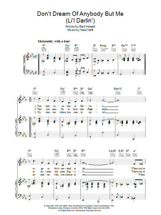 Neal Hefti Don't Dream Of Anybody But Me (Li'l Darlin') sheet music notes and chords arranged for Piano, Vocal & Guitar Chords