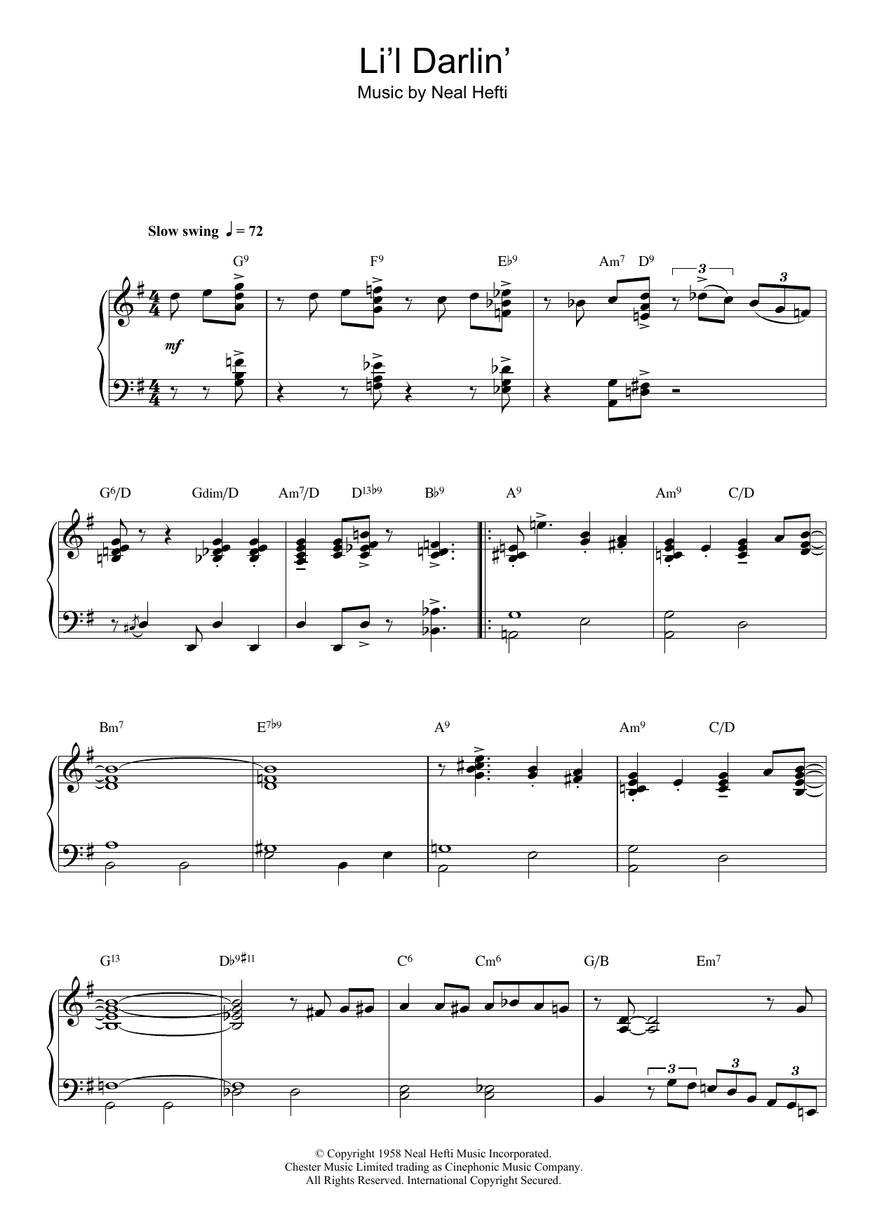 Neal Hefti Li'l Darlin' sheet music notes and chords arranged for Piano Solo