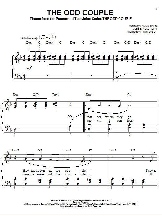 Neal Hefti The Odd Couple sheet music notes and chords. Download Printable PDF.