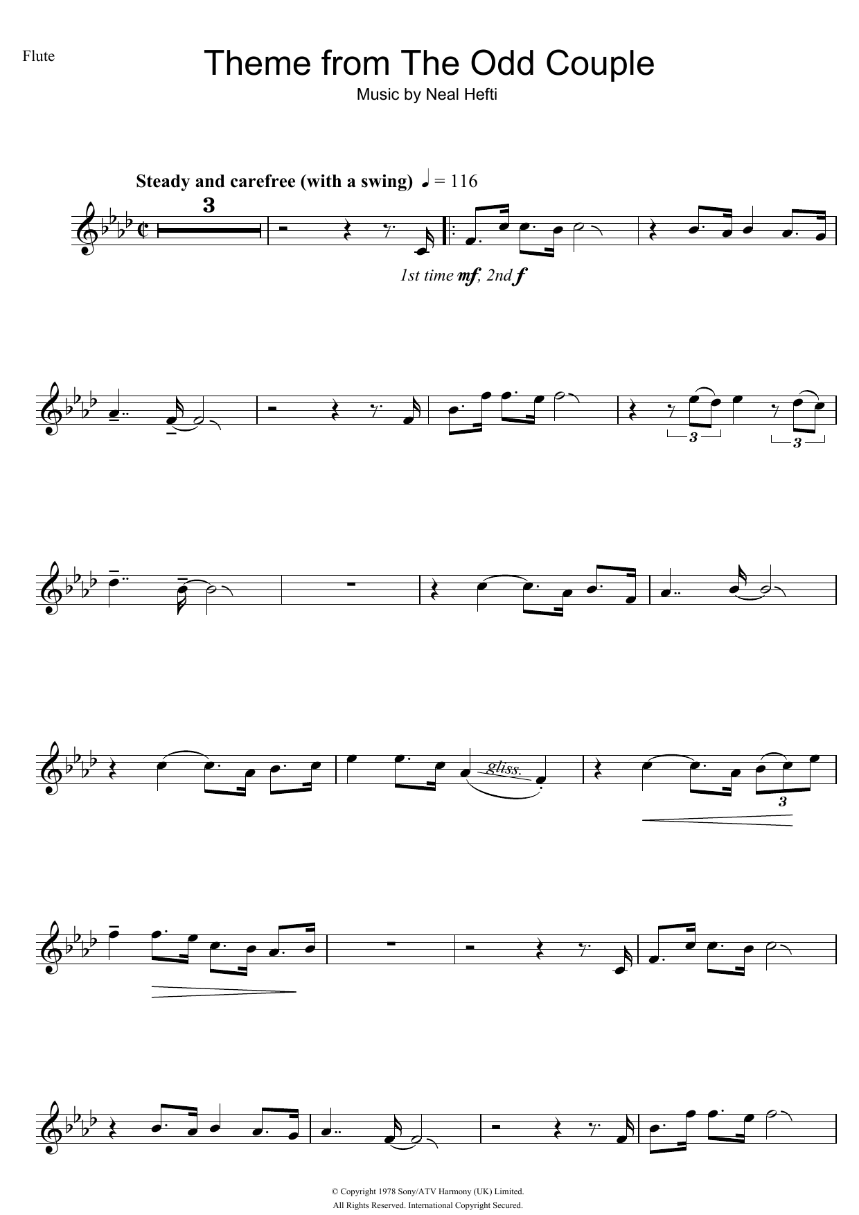 Neal Hefti Theme from The Odd Couple sheet music notes and chords. Download Printable PDF.