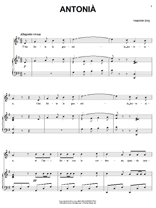 Learn to play Neapolitan Song Antonia sheet music for Piano, Vocal & Guitar Chords (Right-Hand Melody) in minutes. Price: 7.8900$ Neapolitan Song Antonia sheet music notes and chords arranged for Piano, Vocal & Guitar Chords (Right-Hand Melody)