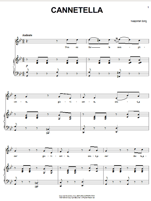 Learn to play Neapolitan Song Cannetella sheet music for Piano, Vocal & Guitar Chords (Right-Hand Melody) in minutes. Price: 7.8900$ Neapolitan Song Cannetella sheet music notes and chords arranged for Piano, Vocal & Guitar Chords (Right-Hand Melody)