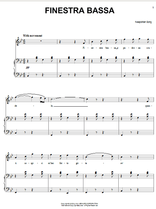 Learn to play Neapolitan Song Finestra bassa sheet music for Piano, Vocal & Guitar Chords (Right-Hand Melody) in minutes. Price: 7.8900$ Neapolitan Song Finestra bassa sheet music notes and chords arranged for Piano, Vocal & Guitar Chords (Right-Hand Melody)