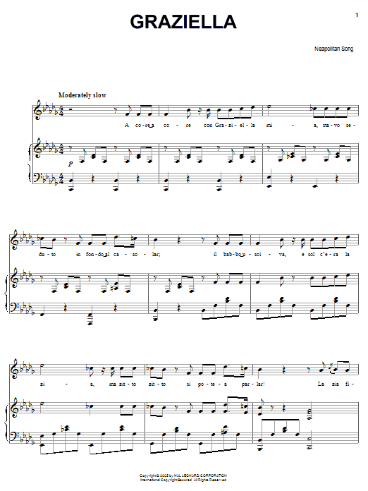 Learn to play Neapolitan Song Graziella sheet music for Piano, Vocal & Guitar Chords (Right-Hand Melody) in minutes. Price: 7.8900$ Neapolitan Song Graziella sheet music notes and chords arranged for Piano, Vocal & Guitar Chords (Right-Hand Melody)