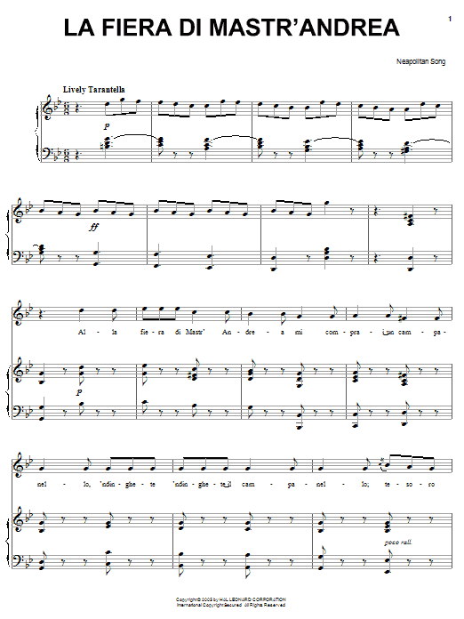 Learn to play Neapolitan Song La fiera di Mastr'Andrea sheet music for Piano, Vocal & Guitar Chords (Right-Hand Melody) in minutes. Price: 7.8900$ Neapolitan Song La fiera di Mastr'Andrea sheet music notes and chords arranged for Piano, Vocal & Guitar Chords (Right-Hand Melody)
