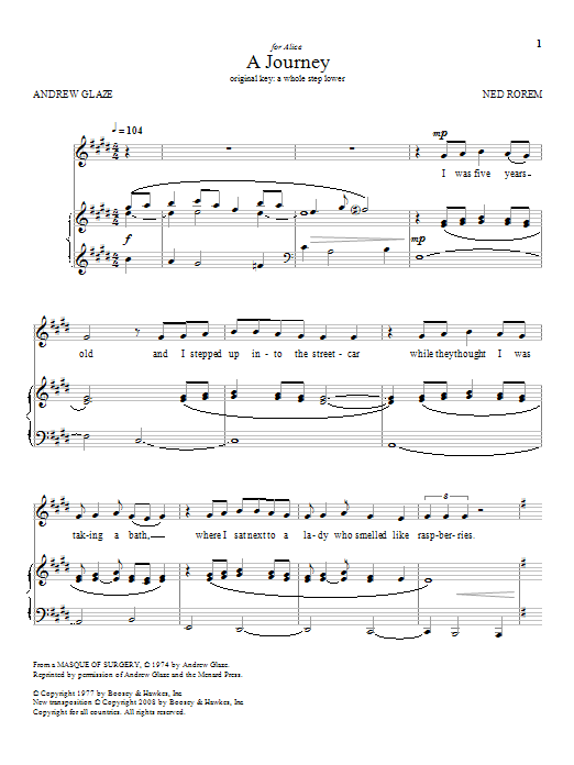 Learn to play Ned Rorem A Journey sheet music for Piano & Vocal in minutes. Price: 7.8900$ Ned Rorem A Journey sheet music notes and chords arranged for Piano & Vocal