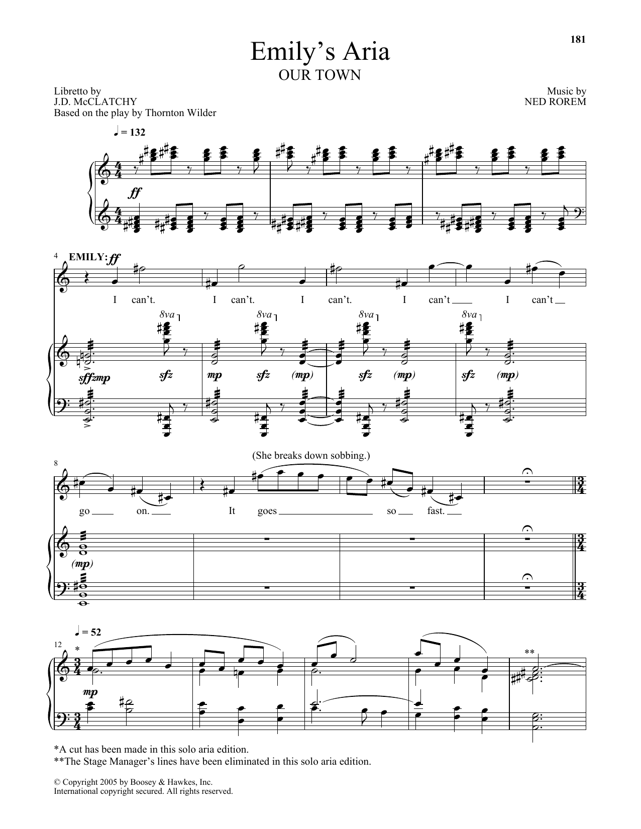 Ned Rorem Emily's Aria (from Our Town) sheet music notes and chords. Download Printable PDF.