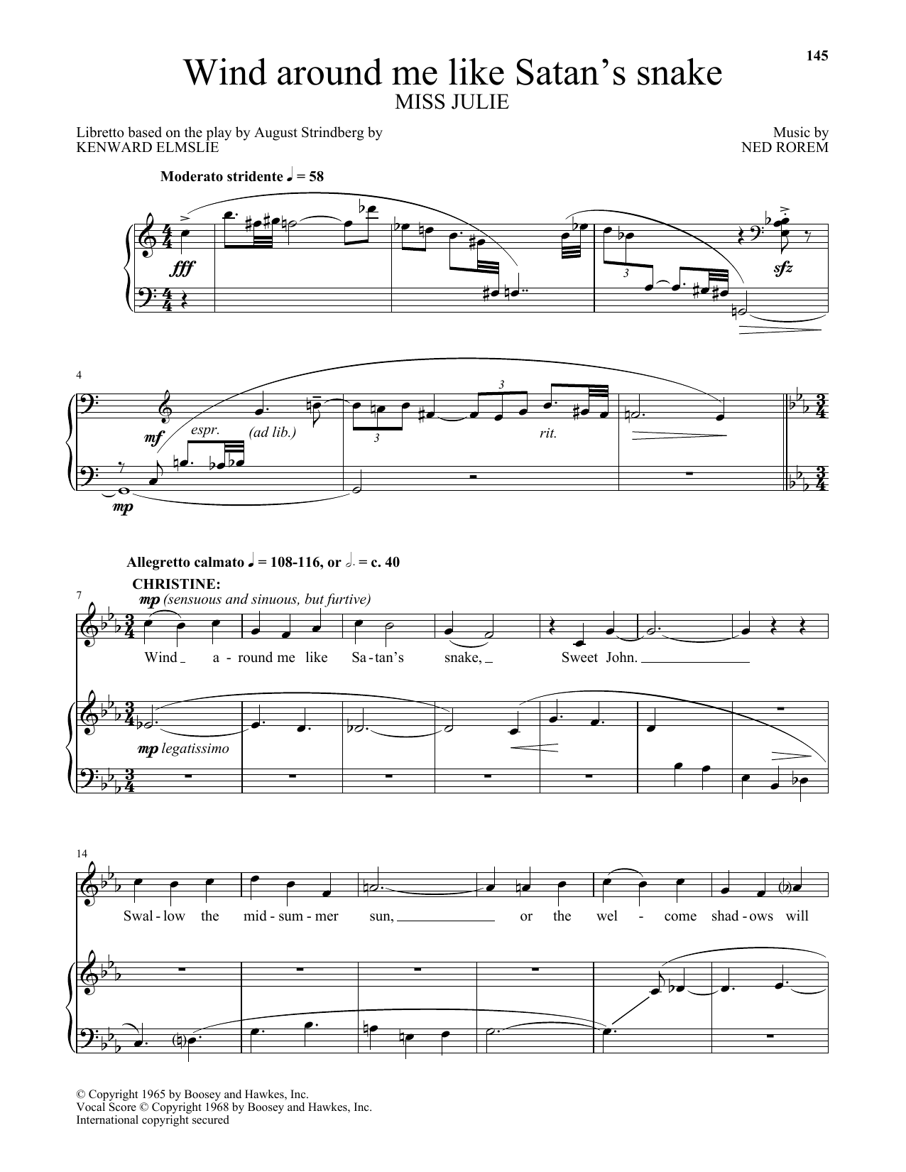 Learn to play Ned Rorem Wind around me like Satan's snake (from Miss Julie) sheet music for Piano & Vocal in minutes. Price: 7.8900$ Ned Rorem Wind around me like Satan's snake (from Miss Julie) sheet music notes and chords arranged for Piano & Vocal