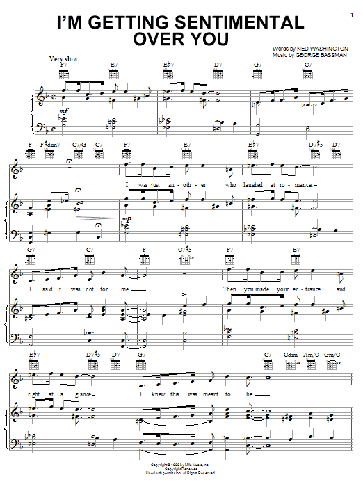 Learn to play Ned Washington I'm Gettin' Sentimental Over You sheet music for Piano, Vocal & Guitar Chords (Right-Hand Melody) in minutes. Price: 7.8900$ Ned Washington I'm Gettin' Sentimental Over You sheet music notes and chords arranged for Piano, Vocal & Guitar Chords (Right-Hand Melody)