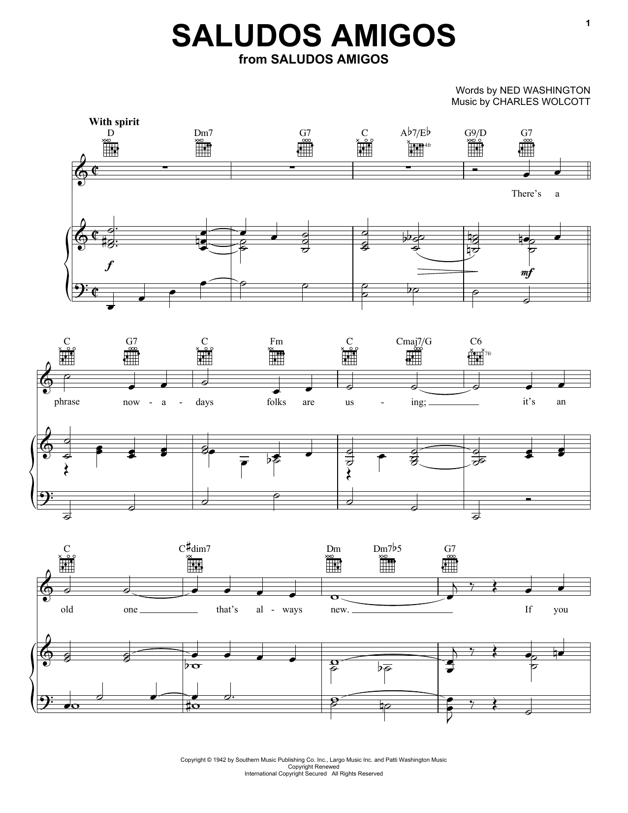 Ned Washington Saludos Amigos sheet music notes and chords arranged for Piano, Vocal & Guitar Chords (Right-Hand Melody)