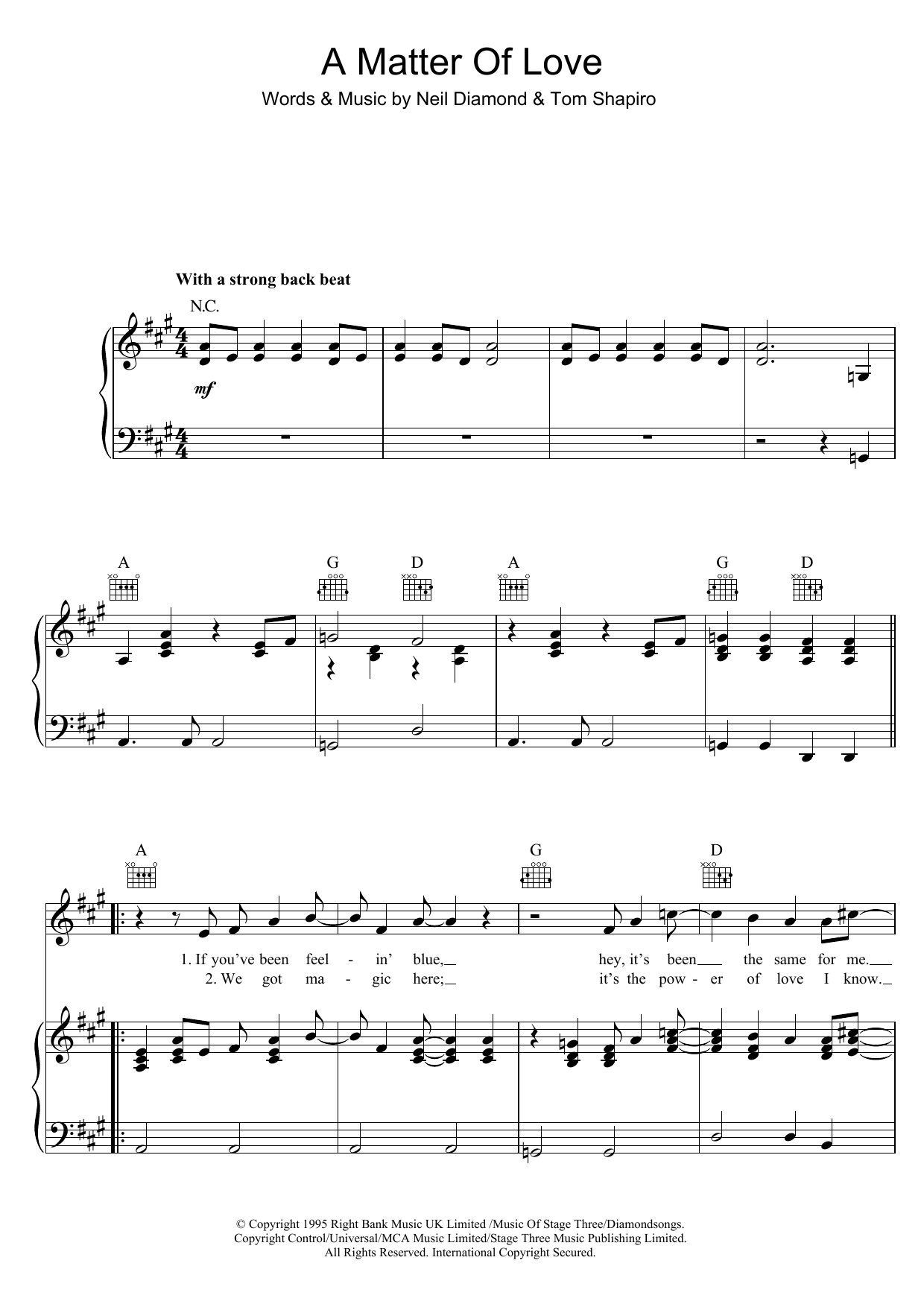 Learn to play Neil Diamond A Matter Of Love sheet music for Piano, Vocal & Guitar Chords in minutes. Price: 7.8900$ Neil Diamond A Matter Of Love sheet music notes and chords arranged for Piano, Vocal & Guitar Chords