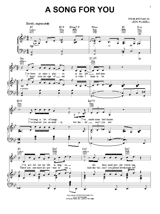 Learn to play Neil Diamond A Song For You sheet music for Piano, Vocal & Guitar Chords (Right-Hand Melody) in minutes. Price: 7.8900$ Neil Diamond A Song For You sheet music notes and chords arranged for Piano, Vocal & Guitar Chords (Right-Hand Melody)
