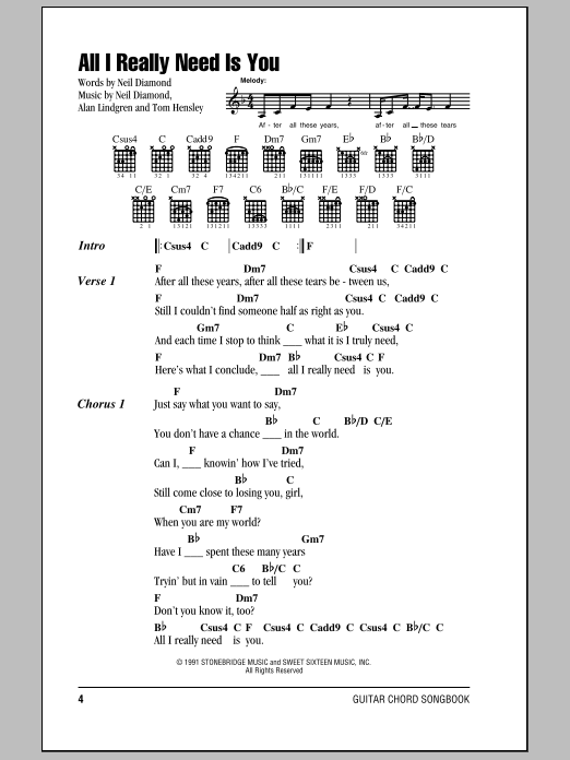 Learn to play Neil Diamond All I Really Need Is You sheet music for Piano, Vocal & Guitar Chords (Right-Hand Melody) in minutes. Price: 7.8900$ Neil Diamond All I Really Need Is You sheet music notes and chords arranged for Piano, Vocal & Guitar Chords (Right-Hand Melody)