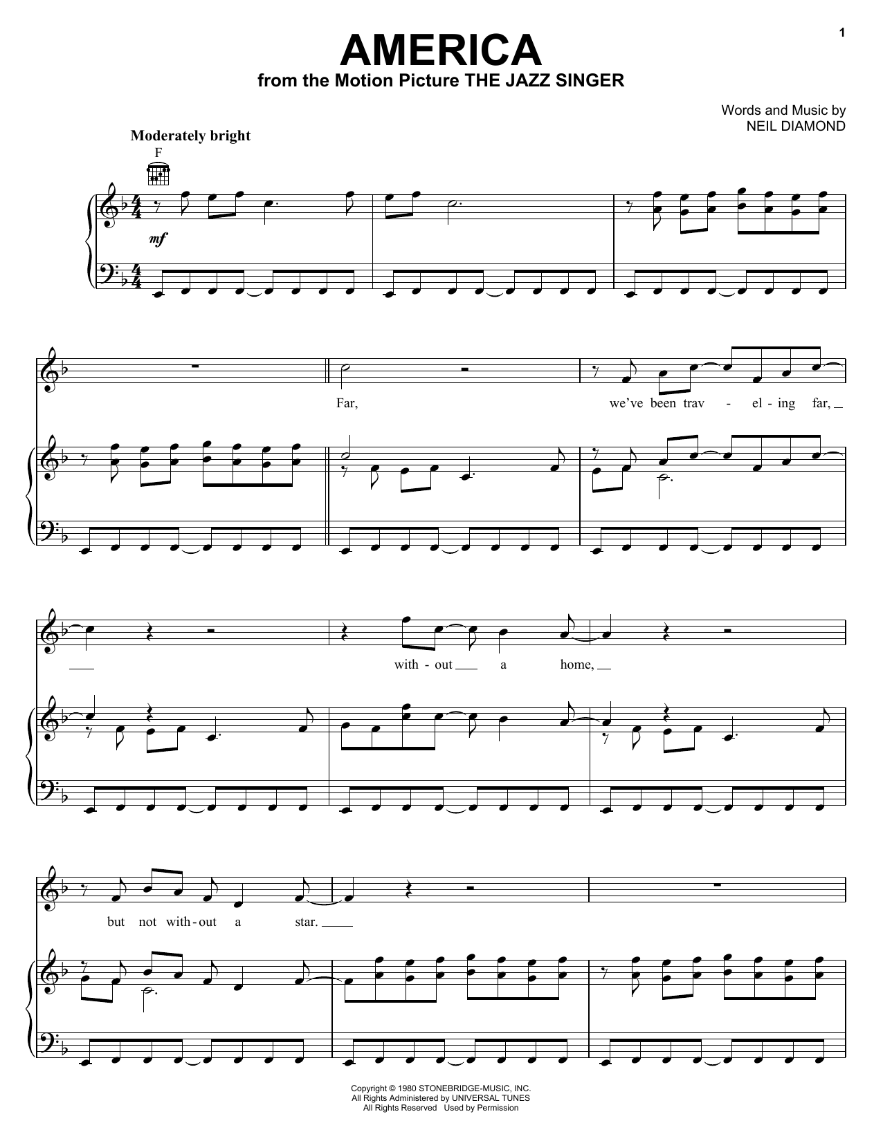 Neil Diamond America sheet music notes and chords. Download Printable PDF.