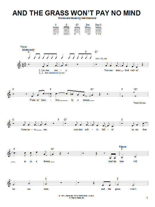 Neil Diamond And The Grass Won't Pay No Mind sheet music notes and chords. Download Printable PDF.