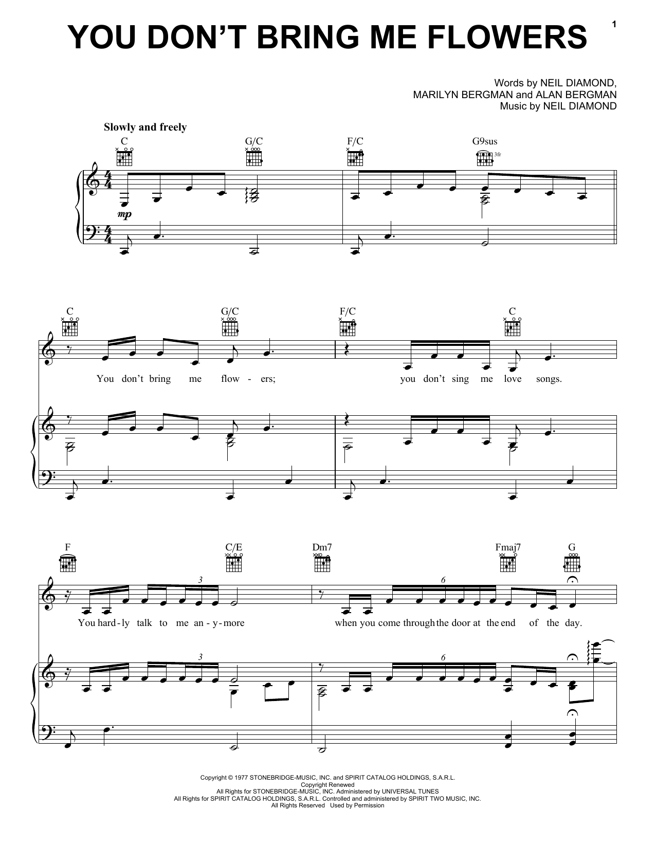 Neil Diamond & Barbra Streisand You Don't Bring Me Flowers sheet music notes and chords. Download Printable PDF.