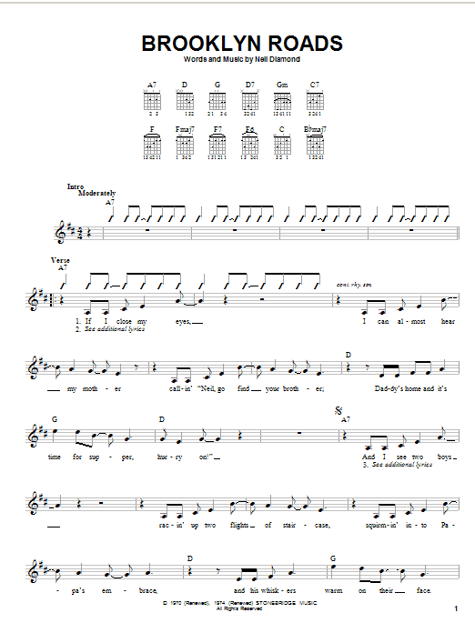 Neil Diamond Brooklyn Roads sheet music notes and chords. Download Printable PDF.