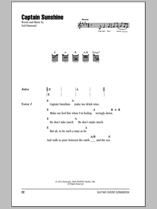 Neil Diamond Captain Sunshine sheet music notes and chords. Download Printable PDF.