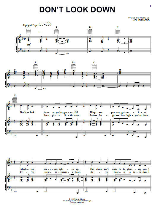 Learn to play Neil Diamond Don't Look Down sheet music for Piano, Vocal & Guitar Chords (Right-Hand Melody) in minutes. Price: 7.8900$ Neil Diamond Don't Look Down sheet music notes and chords arranged for Piano, Vocal & Guitar Chords (Right-Hand Melody)