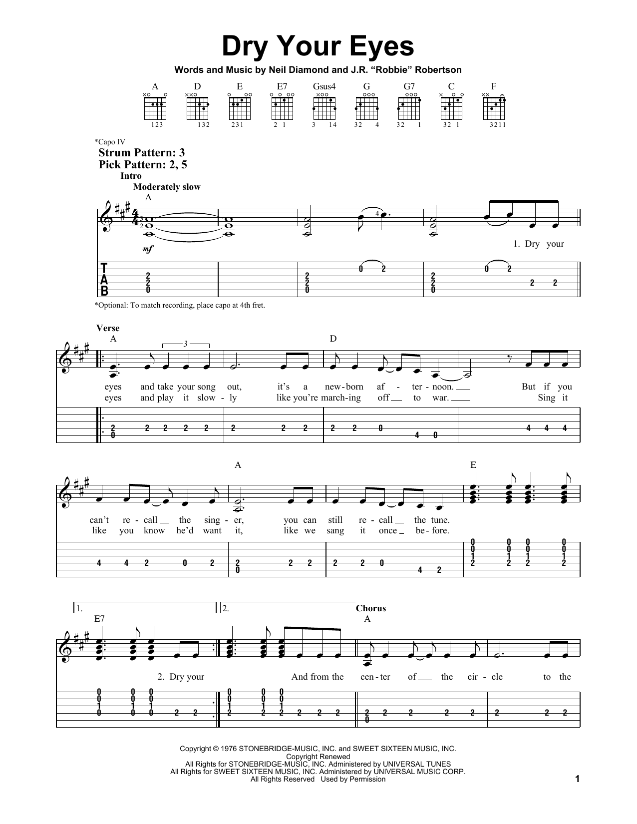 Neil Diamond Dry Your Eyes sheet music notes and chords. Download Printable PDF.