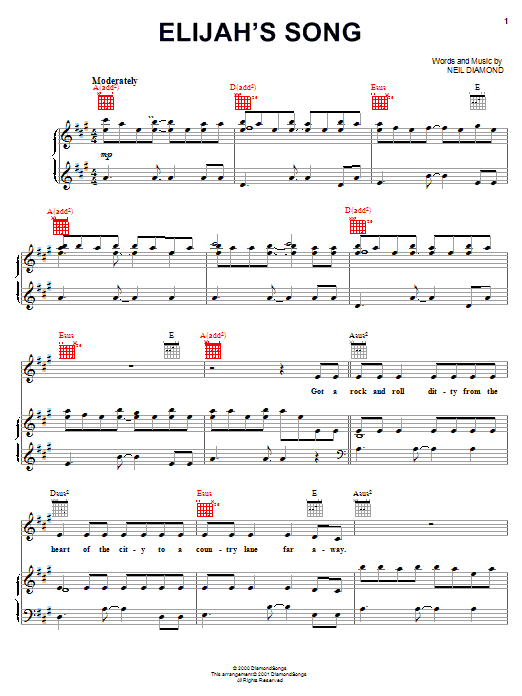 Learn to play Neil Diamond Elijah's Song sheet music for Piano, Vocal & Guitar Chords (Right-Hand Melody) in minutes. Price: 7.8900$ Neil Diamond Elijah's Song sheet music notes and chords arranged for Piano, Vocal & Guitar Chords (Right-Hand Melody)