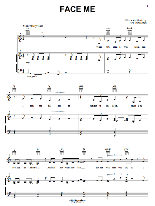 Neil Diamond Face Me sheet music notes and chords arranged for Piano, Vocal & Guitar Chords (Right-Hand Melody)